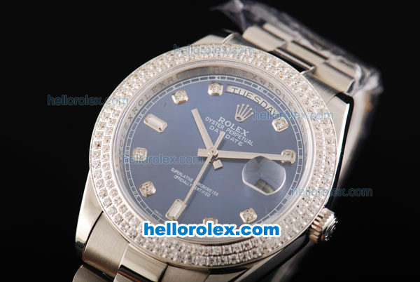 Rolex Day Date II Automatic Movement Full Steel with Double Row Diamond Bezel with Diamond Markers and Blue Dial - Click Image to Close